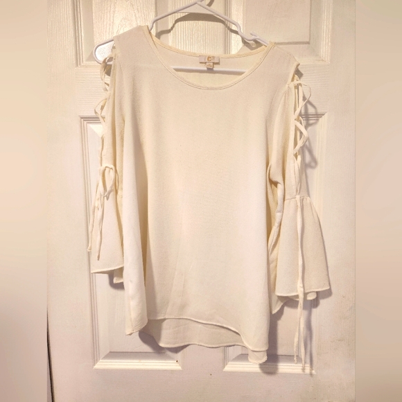 C Tops - C Cream Blouse Womens Small Lace Up Sleeve Ruffle Cuff Textured Top